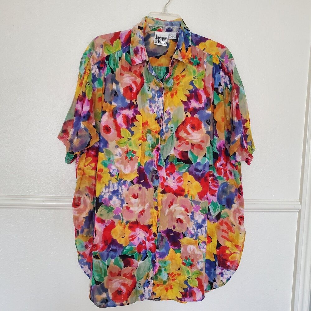 Jacque & Koko Women's Multi-Color Floral Cotton Gauze Button Up Shirt Top Size